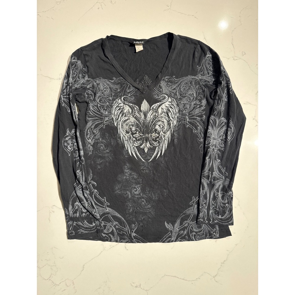 Kalydid Womens Y2K Long Sleeve V-Neck Graphic Tee Black
